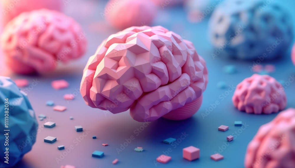 Aufkleber Abstract geometric brain illustration. Pink, blue polygonal shapes create stylized brain form. Modern design elements suggest connection technology. Colorful, intriguing visuals might interest