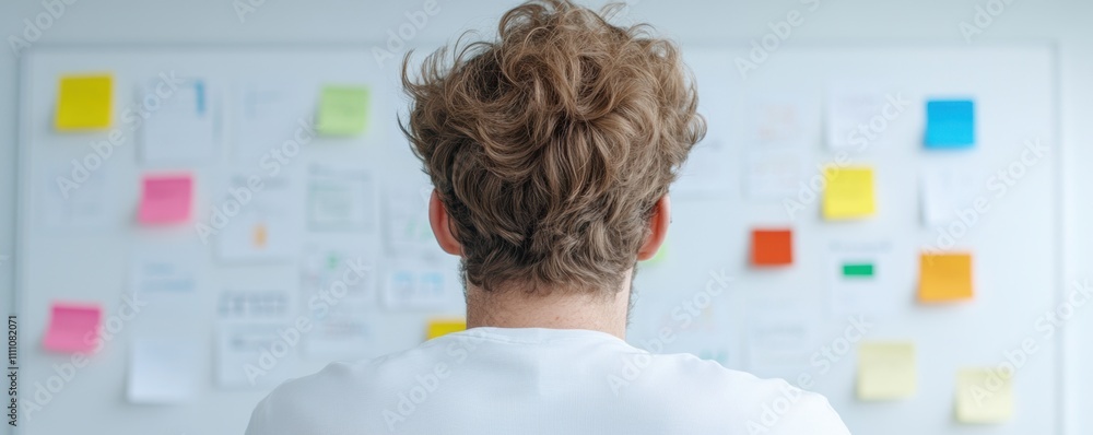 Aufkleber rear view of man facing a board with colorful sticky notes and brainstorming ideas.