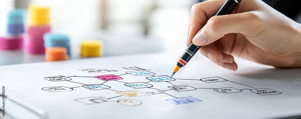 Poster hand sketching colorful flowchart with a pen on white paper. creative brainstorming and workflow pla