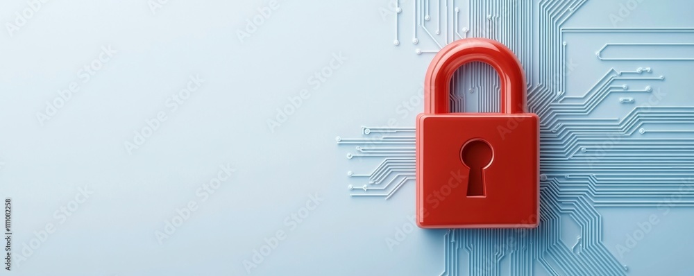 Poster red padlock symbolizing cybersecurity and data protection on a blue circuit board background.