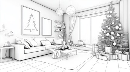 Fototapeta premium Black and white sketch of a modern living room with a decorated Christmas tree and gifts