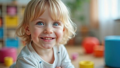 Fototapeta premium Happy young girl smiles directly at camera. Blonde hair, blue eyes. Cute expression. Indoor setting with colorful toys. Child looks happy, playful. Studio portrait of toddler. Adorable child in