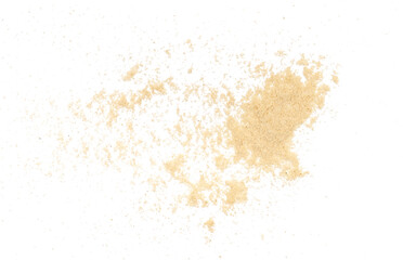 Sesame flour scatter isolated on white, top view	