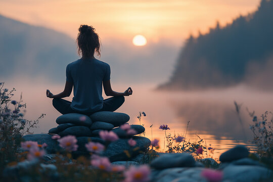 woman meditates outside. meditation in the morning. yoga at sunset. yoga in the lotus position. relaxation technics, wellness, mindfulness. AI Generated - Powered by Adobe