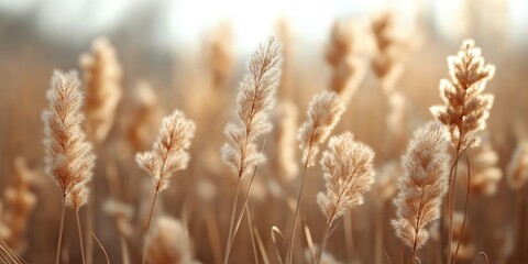 Fototapeta premium Beige pampas grass, reeds in natural field. Macro view shows details of dry herbal background. Boho style design. Nature scene. Soft light creates gentle glow. Autumn late summer. Outdoor shot.