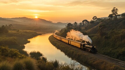 Fototapeta premium Scenic sunset train journey through rolling hills and serene river landscapes.
