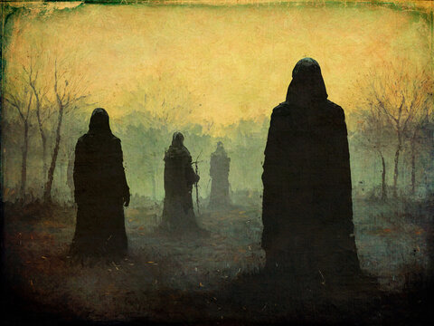 Mysteri&ouml;se Gestalten in der D&auml;mmerung auf einem nebligen Feld bei Sonnenuntergang