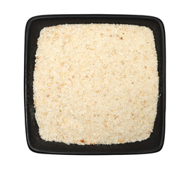 Breadcrumbs in black bowl isolated on white, top view, clipping