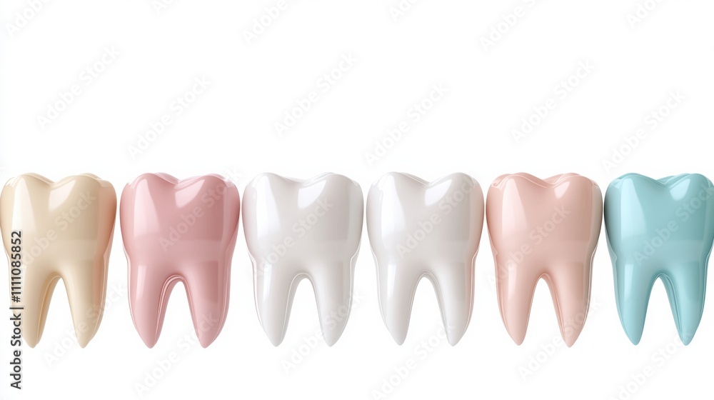 Aufkleber A clear schematic displays a row of healthy teeth with colored dental implants integrated, set against a clean white background for textual addition. Generative AI