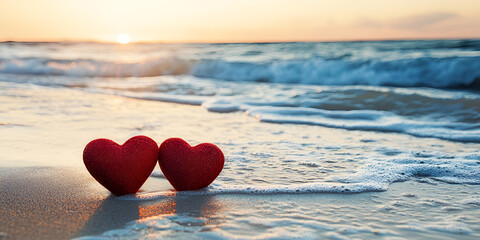 Fototapeta premium Red Hearts on Sandy Beach with Ocean Waves