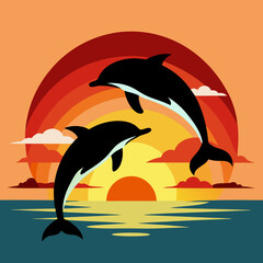 Dolphins jumping over a sunset.