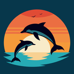 Dolphins jumping over a sunset.