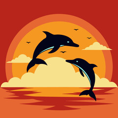 Dolphins jumping over a sunset.
