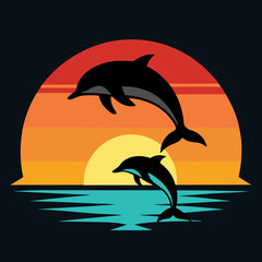 Dolphins jumping over a sunset.