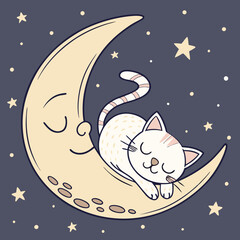 Cat sleeping on a crescent moon.