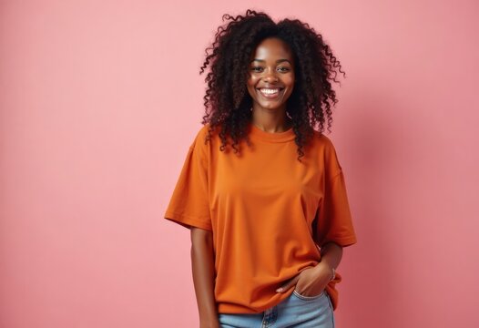 Stylish African American woman with dreadlocks stands confidently in front of vibrant pink wall. Wears terracotta orange t-shirt. Photo fashion portrait trendy style, bold colors. Image perfect for