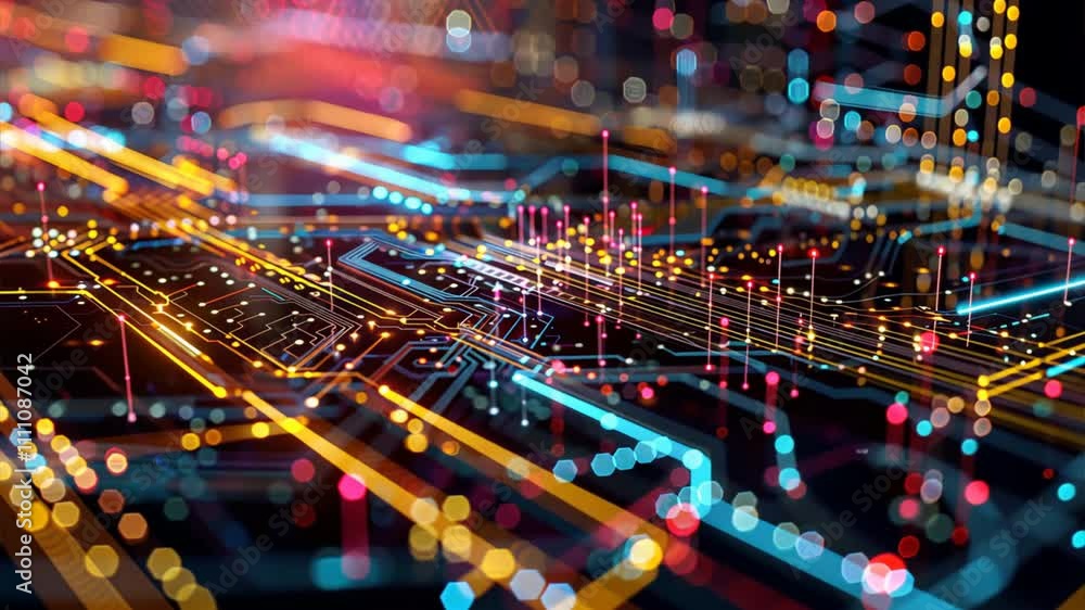 Poster colorful digital circuit design innovation in electronics with vibrant lights and abstract patterns 