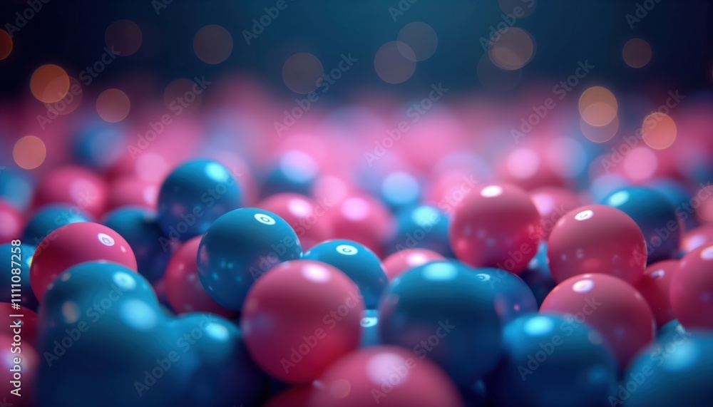 Poster abstract design with many colorful balls. pink, blue spheres create soft glow. dark background with 