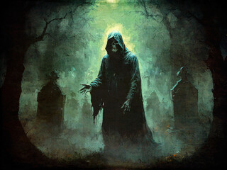 Mysteriöse Gestalt in einem nebligen Friedhof bei Nacht mit schauriger Atmosphäre und Grabsteinen