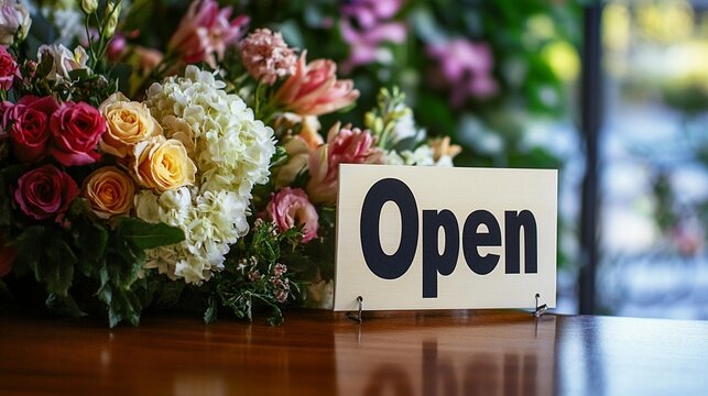 Vibrant floral arrangement with roses and hydrangeas beside an 'Open' sign on a wooden counter, signaling a welcoming atmosphere in a flower shop or cafe.