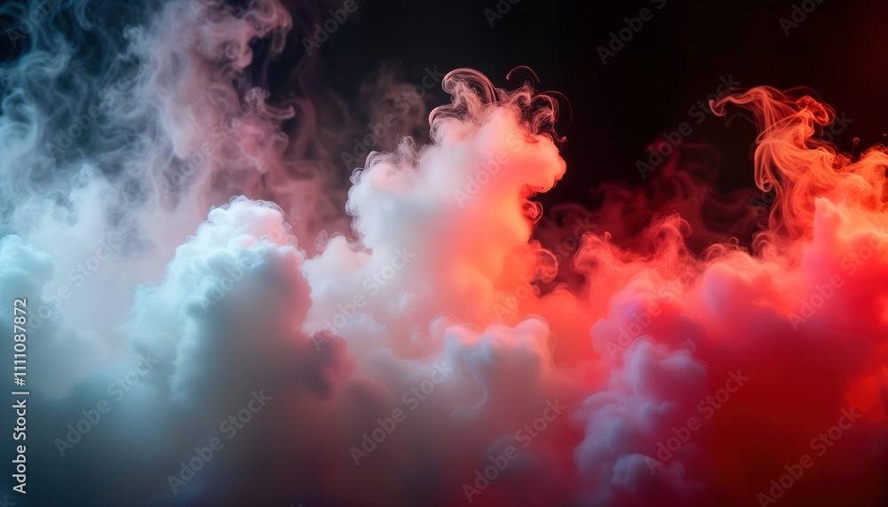 Poster vibrant red and white smoke swirls on a black background. fluffy and thick clouds of vapor. colorful