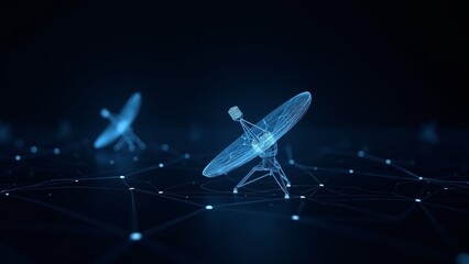 Advanced hologram of Communication Satellite with glowing lines and particles on dark background.