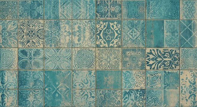 Bright blue ceramic tile mosaic with intricate vintage patterns and ornamental designs