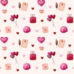 Seamless Valentine's Day pattern with hearts, hot air balloons, gifts, love letters, and romantic motifs in soft pastel tones