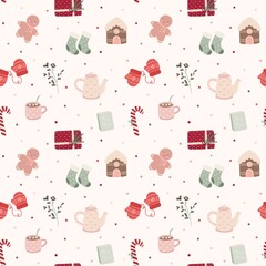 Festive Christmas seamless pattern with gingerbread, gifts, mittens, stockings, teapots, candy canes, and cozy winter elements