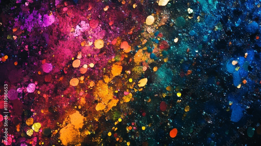 Poster a vibrant abstract composition featuring colorful splashes and textures resembling a cosmic scene.