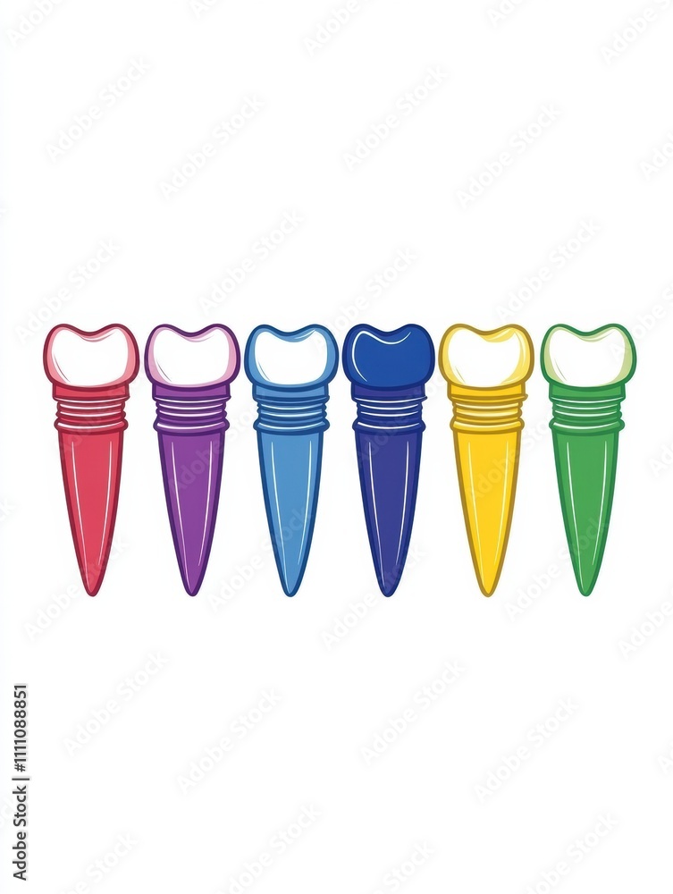 Poster Schematic displays a row of colored dental implants interspersed with healthy teeth, featuring a clean white background for text inclusion. Generative AI
