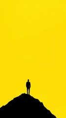 Naklejka premium Silhouette of a person standing on a hill against a vibrant yellow sky, AI
