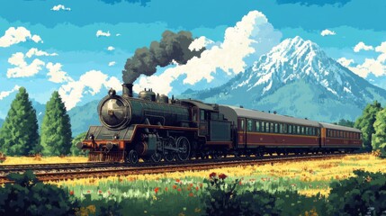 Obraz premium Steam Locomotive Train Traveling Through a Mountainous Landscape