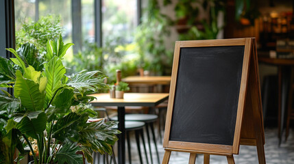 Blank Cafe Menu Board  Restaurant Blackboard Sign  Wooden Easel  Indoor Plants  Coffee Sho