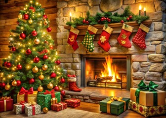 christmas tree with gifts, Christmas Fireplace Decoration Background