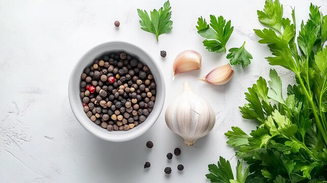 Cooking with fresh garlic, herbs, and a variety of peppercorns for flavorful dishes