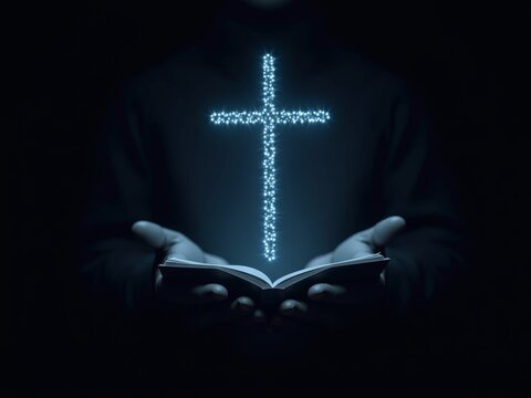 hand holding open bible with glowing cross hologram on dark background.