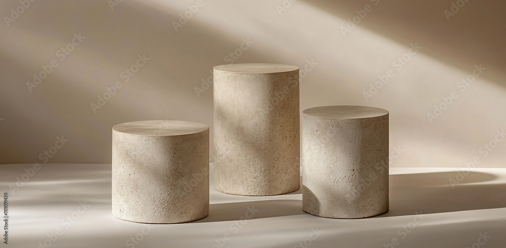 Poster Minimalist display of three cylindrical pedestals in soft light and neutral tones creating a serene atmosphere