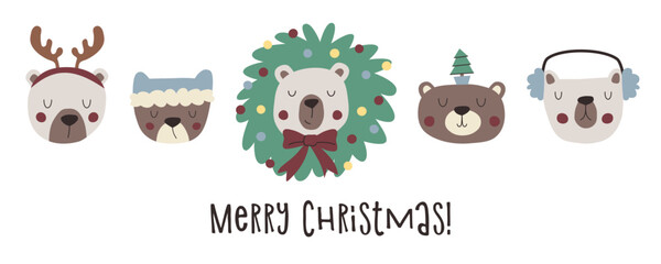 Merry Christmas hand drawn card with cute bears. Festive greeting card with bears in Christmas accessories.