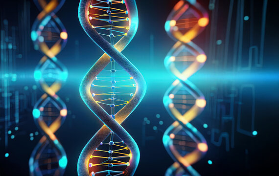 DNA digital data storage - Glowing blockchains in futuristic style