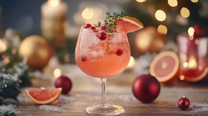 Cranberry gin boozy cocktail with grapefruit and thyme served on winter holidays decorated table, front view 