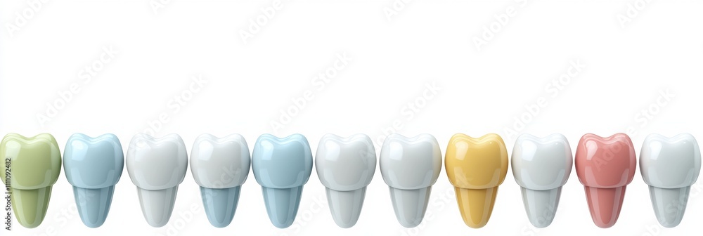 Poster schematic row of dental implants in various colors juxtaposed with healthy teeth against a plain whi
