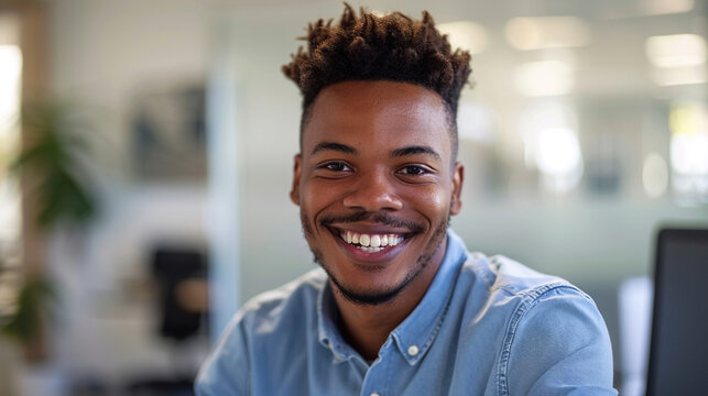 A photo of a smiling average customer service man smiling to the camera, in an clean office environment,