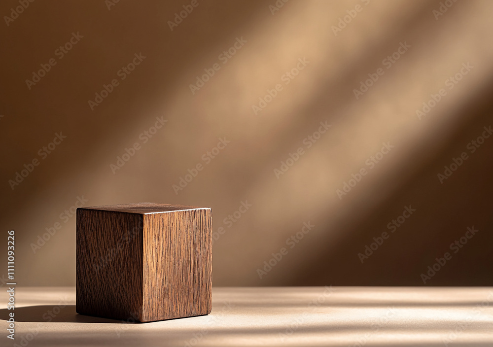 Aufkleber light plays on a wooden cube creating a contrast in a minimalistic setting with warm hues