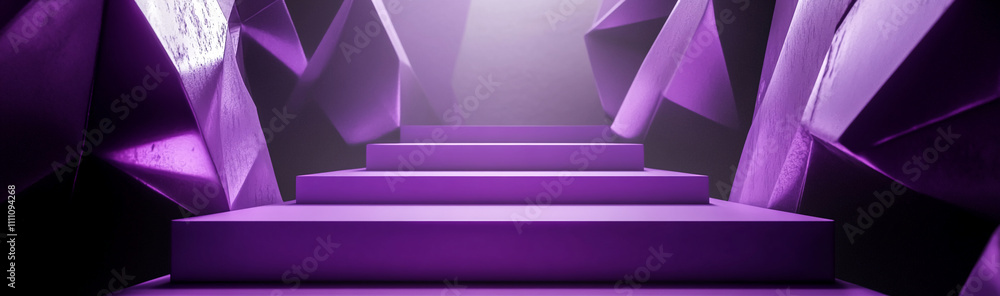 Poster steps leading into a surreal purple lighted space with geometric shapes contrasting in the backgroun