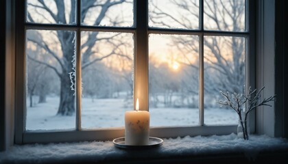 Atmospheric Candlelight Scene With Snow-Dusted Windowsill Against Winter Forest Sunset