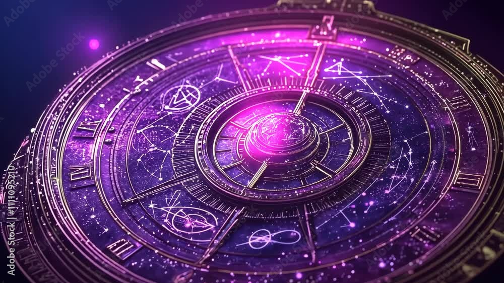 Poster celestial clock displaying intricate astronomical symbols and vibrant colors in a cosmic setting