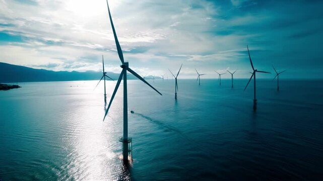 Group of wind turbines on the high seas, with water and sky in the background. Turbines transmit movement and power. Clean and renewable energy concept.
