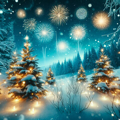 Magical Winter Fireworks Illuminating Snowy Forest Against Dark Night Sky