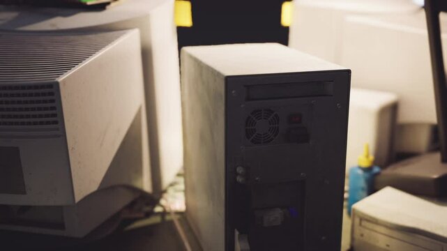 Several outdated computer components are arranged on a desk. The setting is dimly lit, highlighting the vintage technology and surrounding clutter.